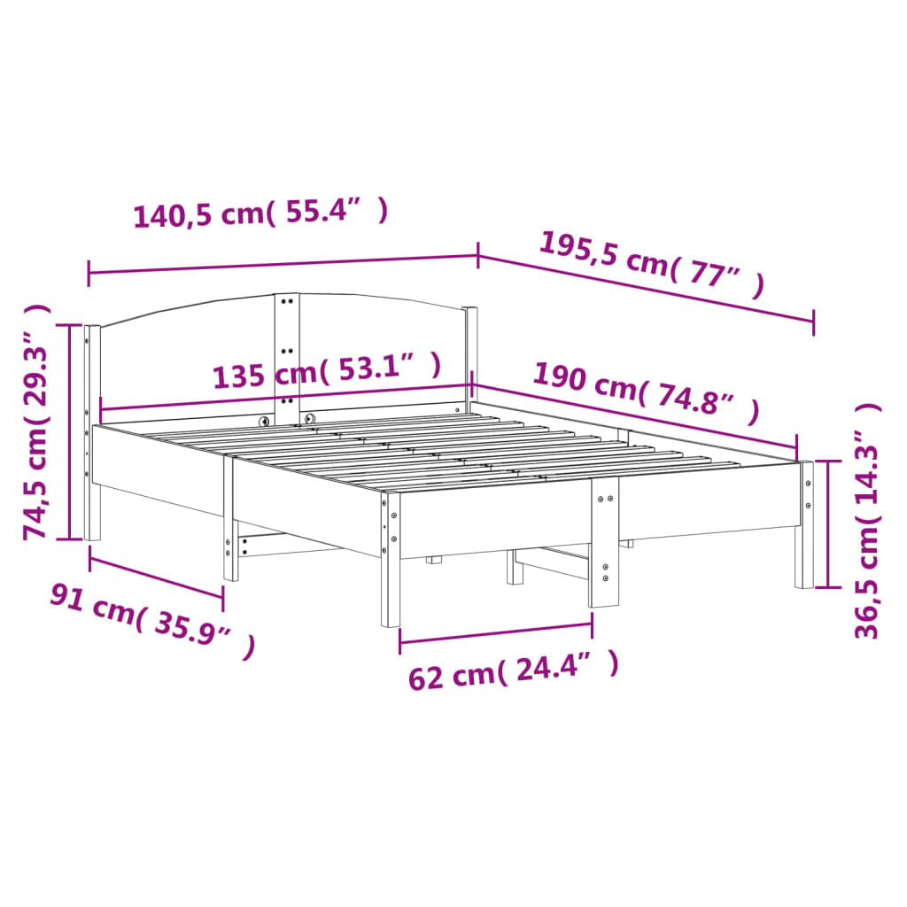 Solid White Pine Double Bed Frame - 135x190 cm | No Mattress Included