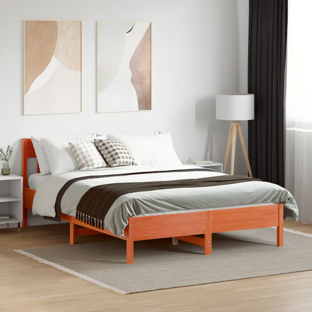 Solid Pine Bed Frame, 120x200 cm, Wax Brown Finish, No Mattress