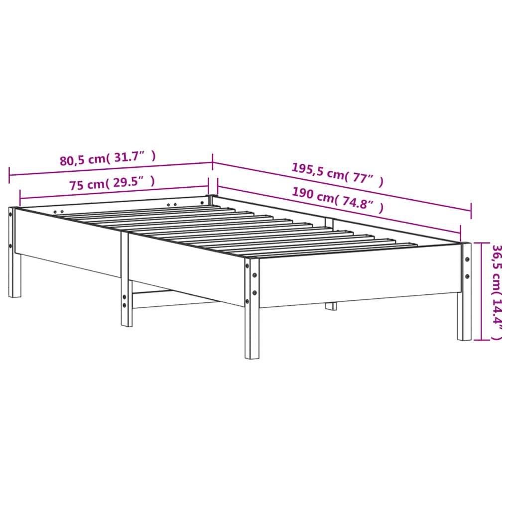 Solid Pine Wood Bed Frame, Small Single 75x190 cm, White Finish
