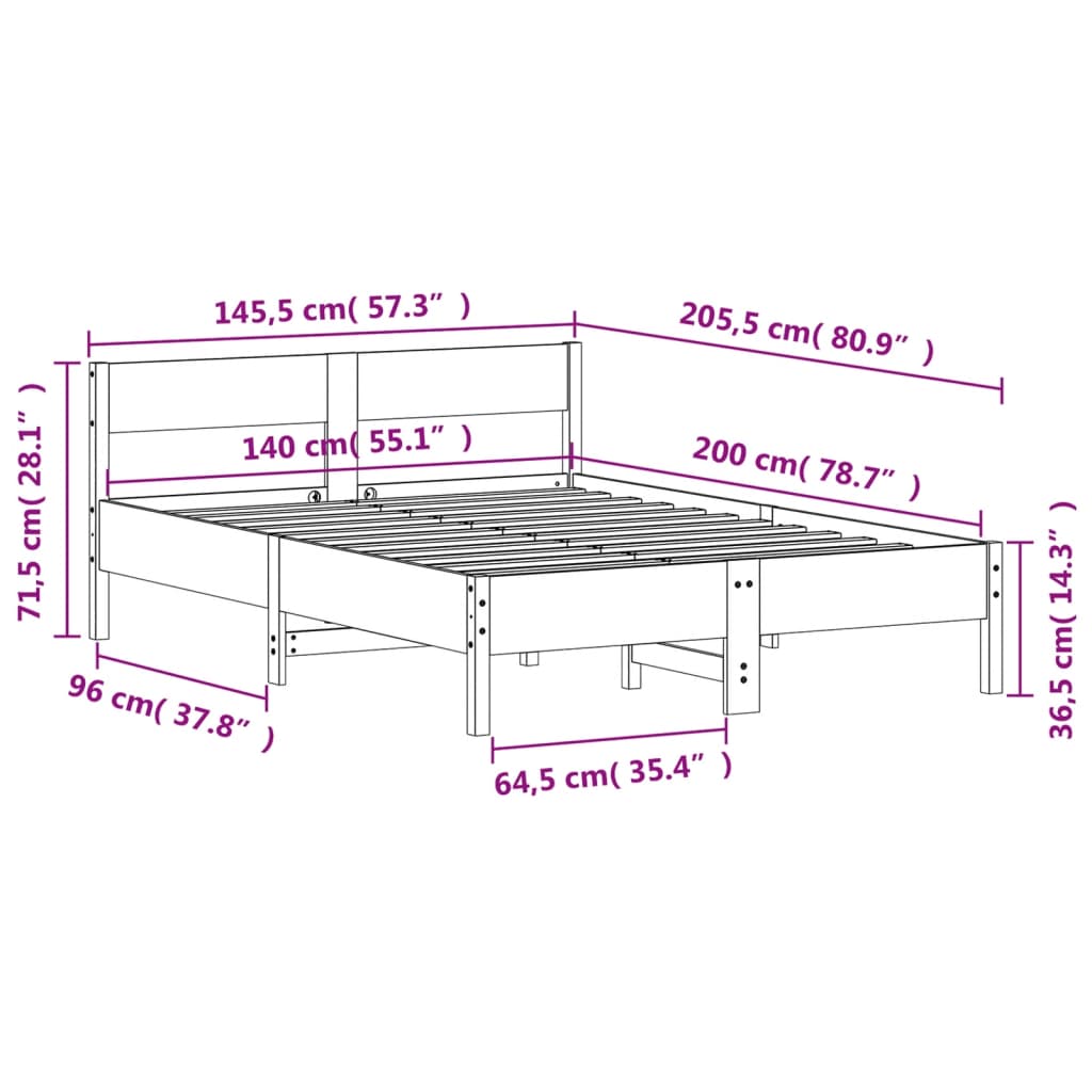 Solid Pine Wood Bed Frame 140x200 cm - Mattress Not Included
