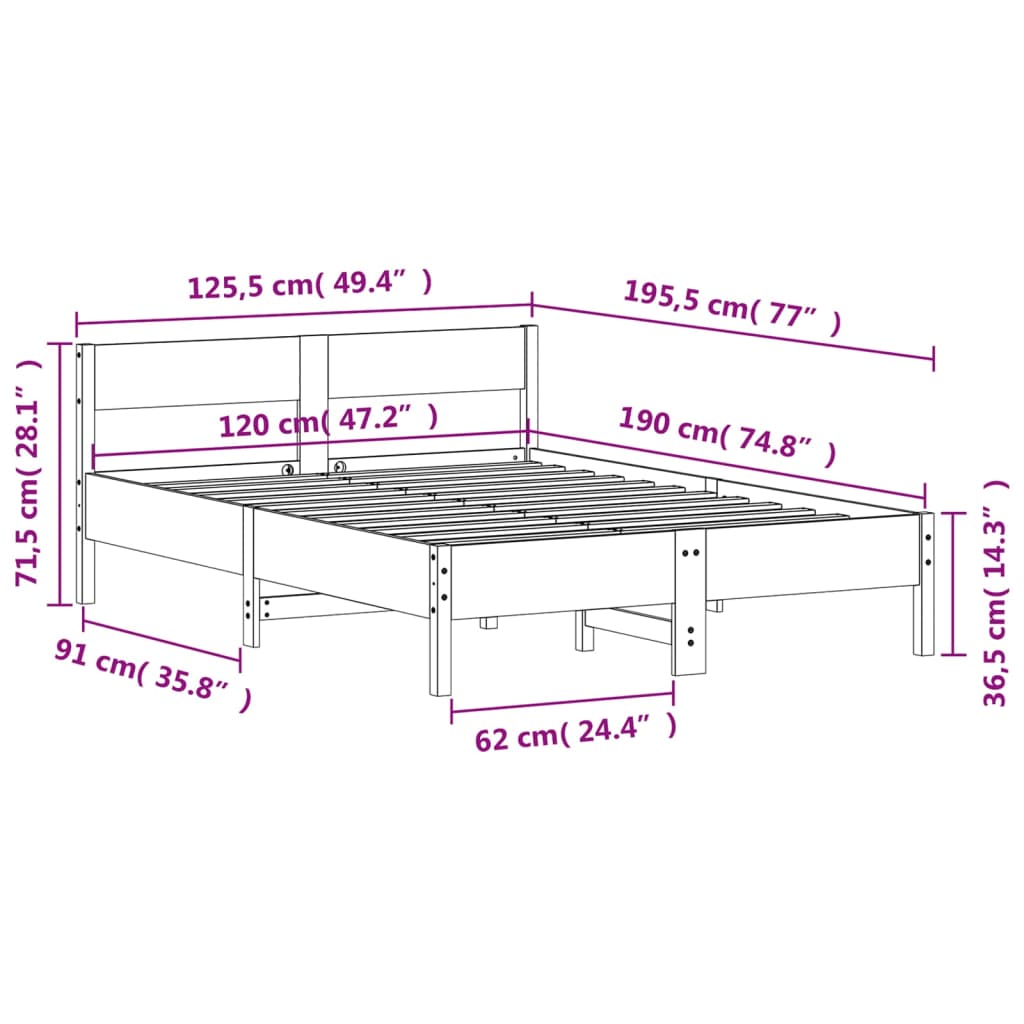 Solid Pine Wood Small Double Bed Frame 120x190 cm - White