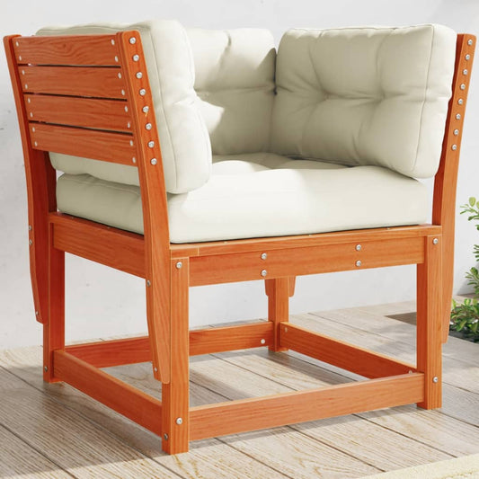 Solid Pine Garden Sofa Armrest with Cushions, Wax Brown Finish