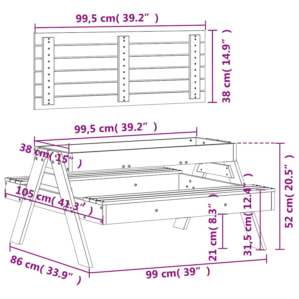 Solid Pine Wood Kids Picnic Table with Sandpit - Natural Finish