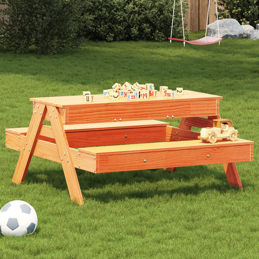 Wax Brown Solid Wood Pine Kids Picnic Table with Sandpit