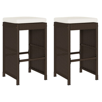 Brown Poly Rattan Garden Bar Stools with Cushions - Set of 2