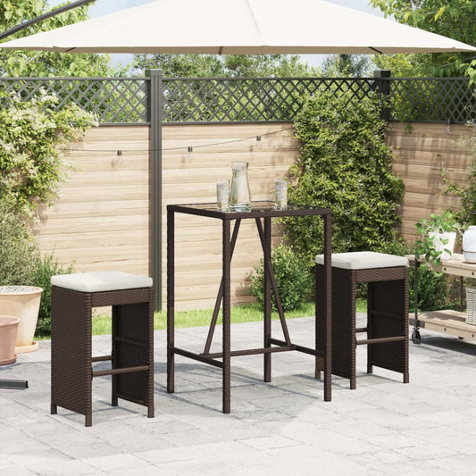 Brown Poly Rattan Garden Bar Stools with Cushions - Set of 2
