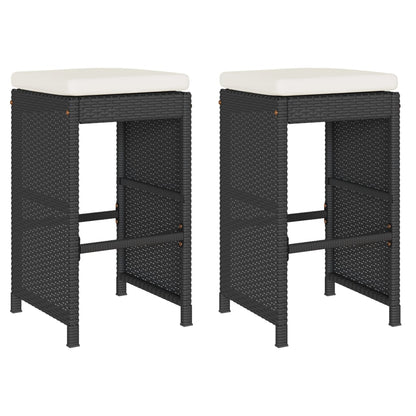 Stylish Black Poly Rattan Garden Bar Stools with Cushions, 2 Pcs