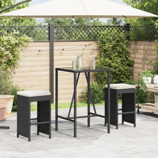 Stylish Black Poly Rattan Garden Bar Stools with Cushions, 2 Pcs