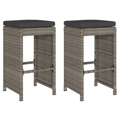 Grey Poly Rattan Garden Bar Stools with Cushions - Set of 2