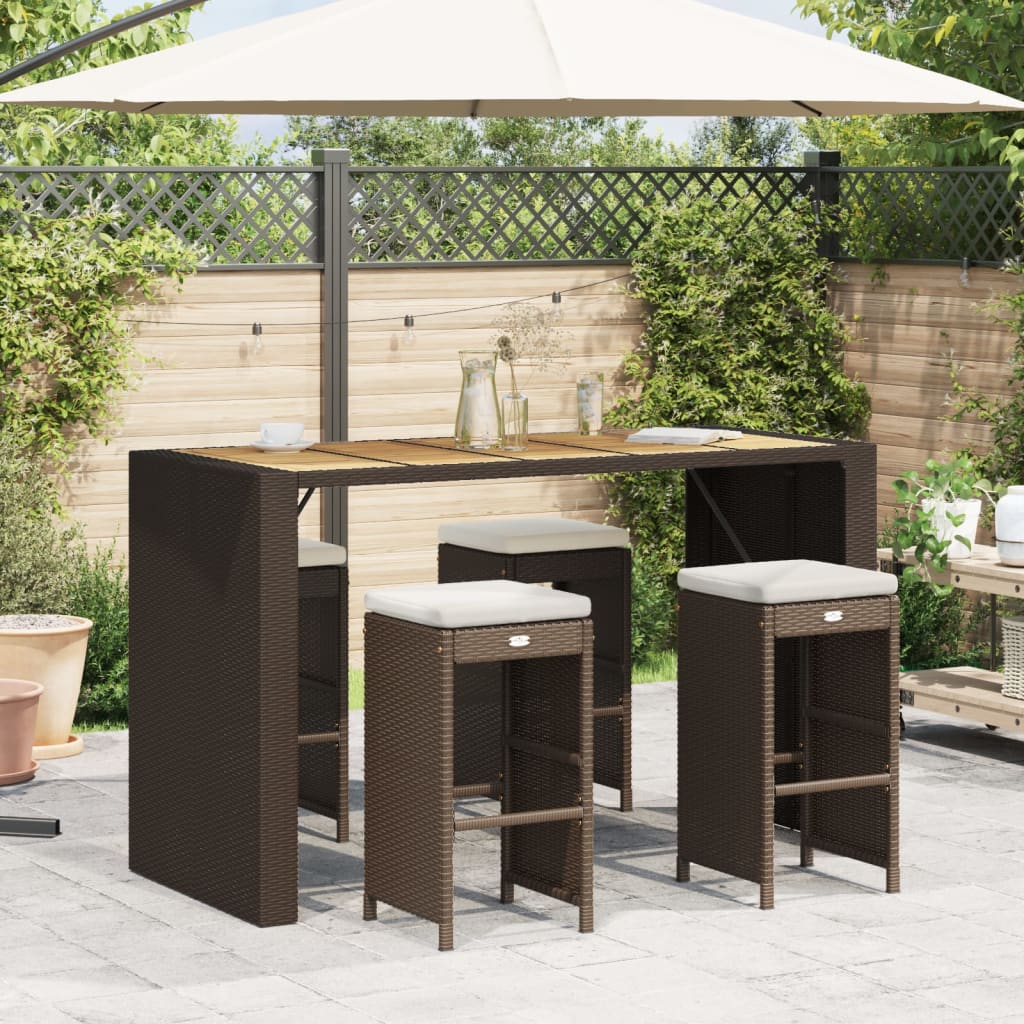 4 Pc Brown Poly Rattan Garden Bar Stools with Cushions Set