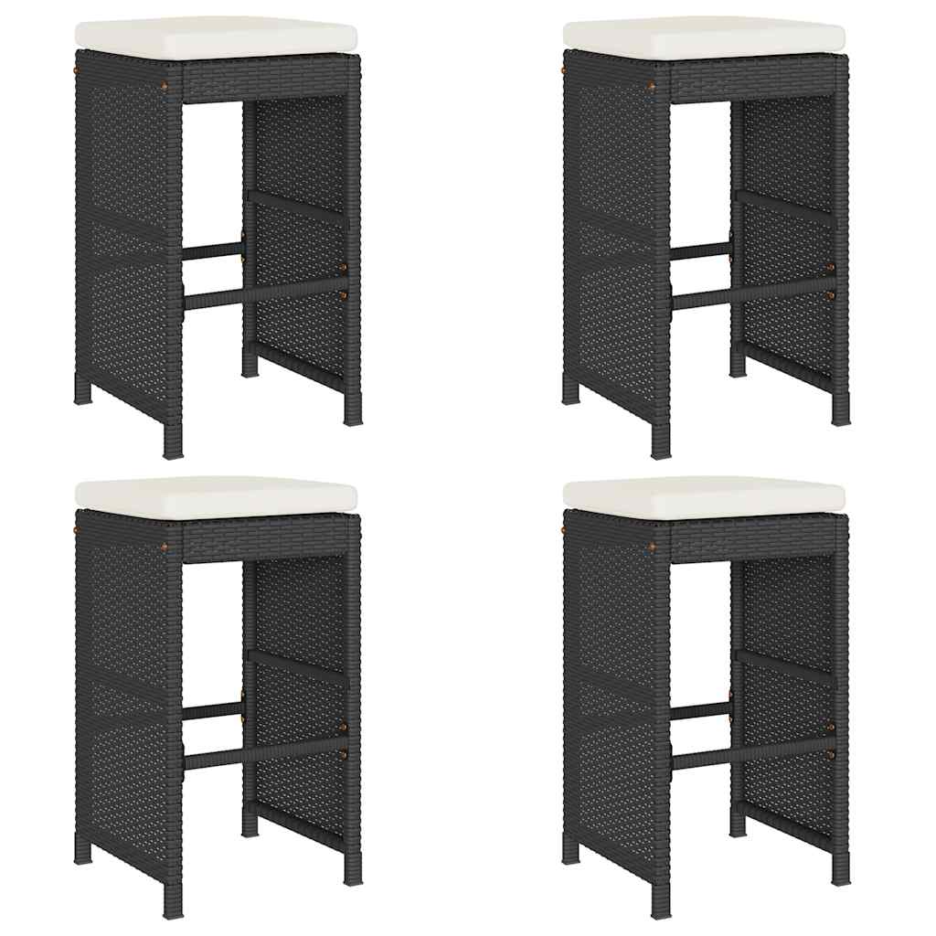 Black Poly Rattan Garden Bar Stools with Cushions - Set of 4