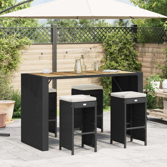 Black Poly Rattan Garden Bar Stools with Cushions - Set of 4