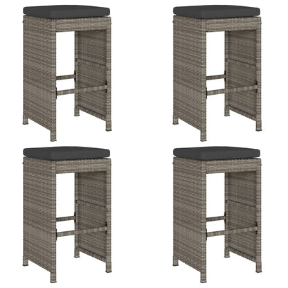 4-Piece Grey Poly Rattan Garden Bar Stools with Cushions