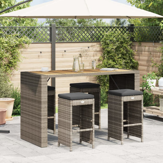 4-Piece Grey Poly Rattan Garden Bar Stools with Cushions
