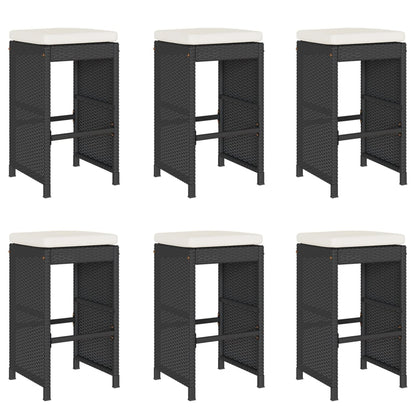 6-Piece Black Poly Rattan Garden Bar Stools with Cushions