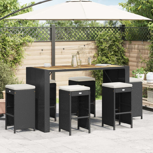 6-Piece Black Poly Rattan Garden Bar Stools with Cushions