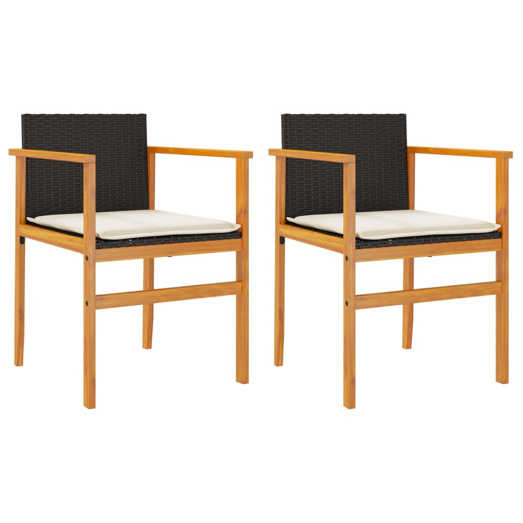 Black Poly Rattan & Wood Garden Chairs with Cushions - 2 Piece Set