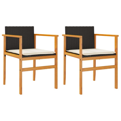 Black Poly Rattan & Wood Garden Chairs with Cushions - 2 Piece Set