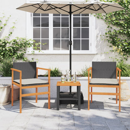 Black Poly Rattan & Wood Garden Chairs with Cushions - 2 Piece Set