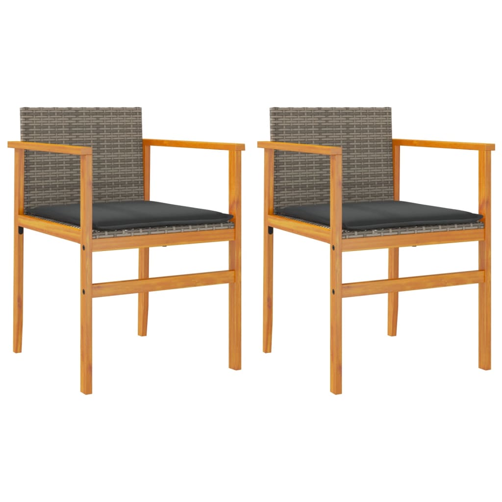 Grey Poly Rattan & Wood Garden Chairs with Cushions, 2-Piece Set