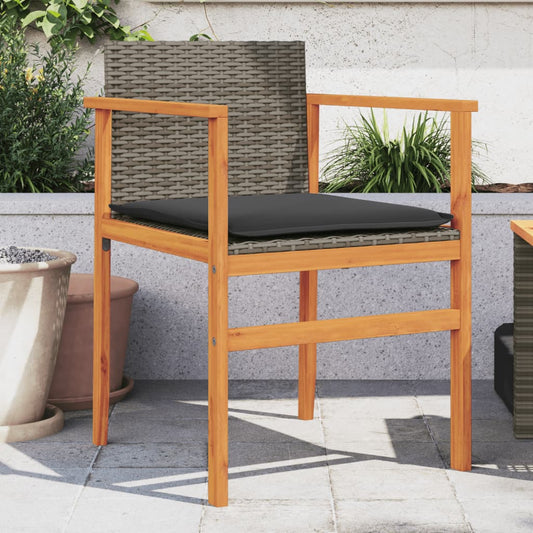 Grey Poly Rattan & Wood Garden Chairs with Cushions, 2-Piece Set