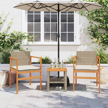 Beige Poly Rattan & Wood Garden Chairs with Cushions - Set of 2