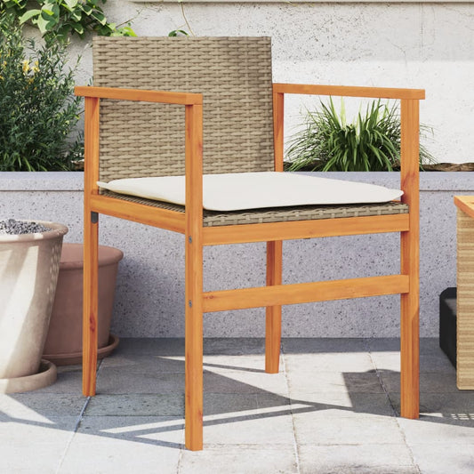 Beige Poly Rattan & Wood Garden Chairs with Cushions - Set of 2