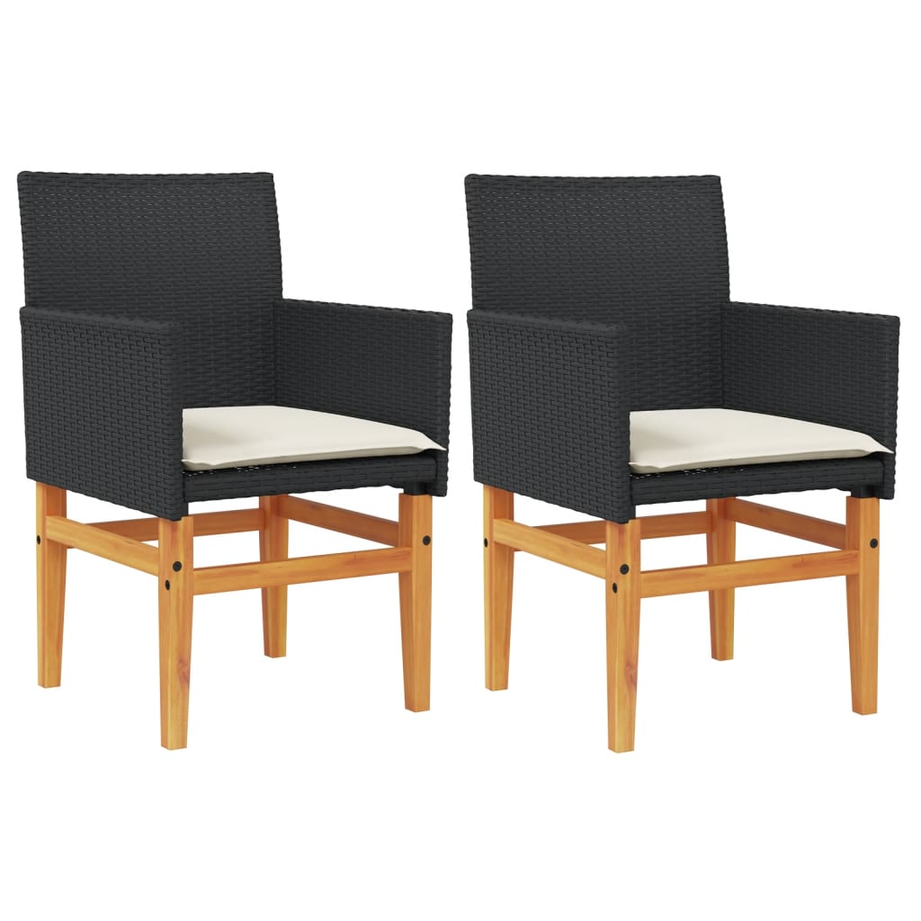 Black Poly Rattan & Wood Garden Chairs with Cushions - Set of 2