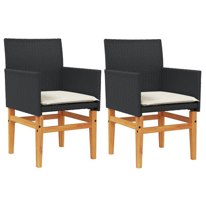 Black Poly Rattan & Wood Garden Chairs with Cushions - Set of 2