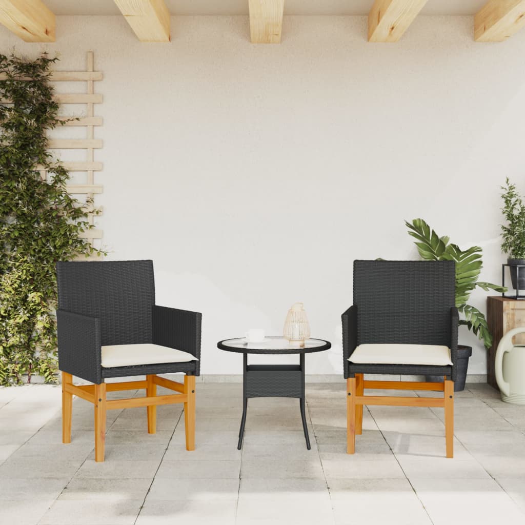 Black Poly Rattan & Wood Garden Chairs with Cushions - Set of 2