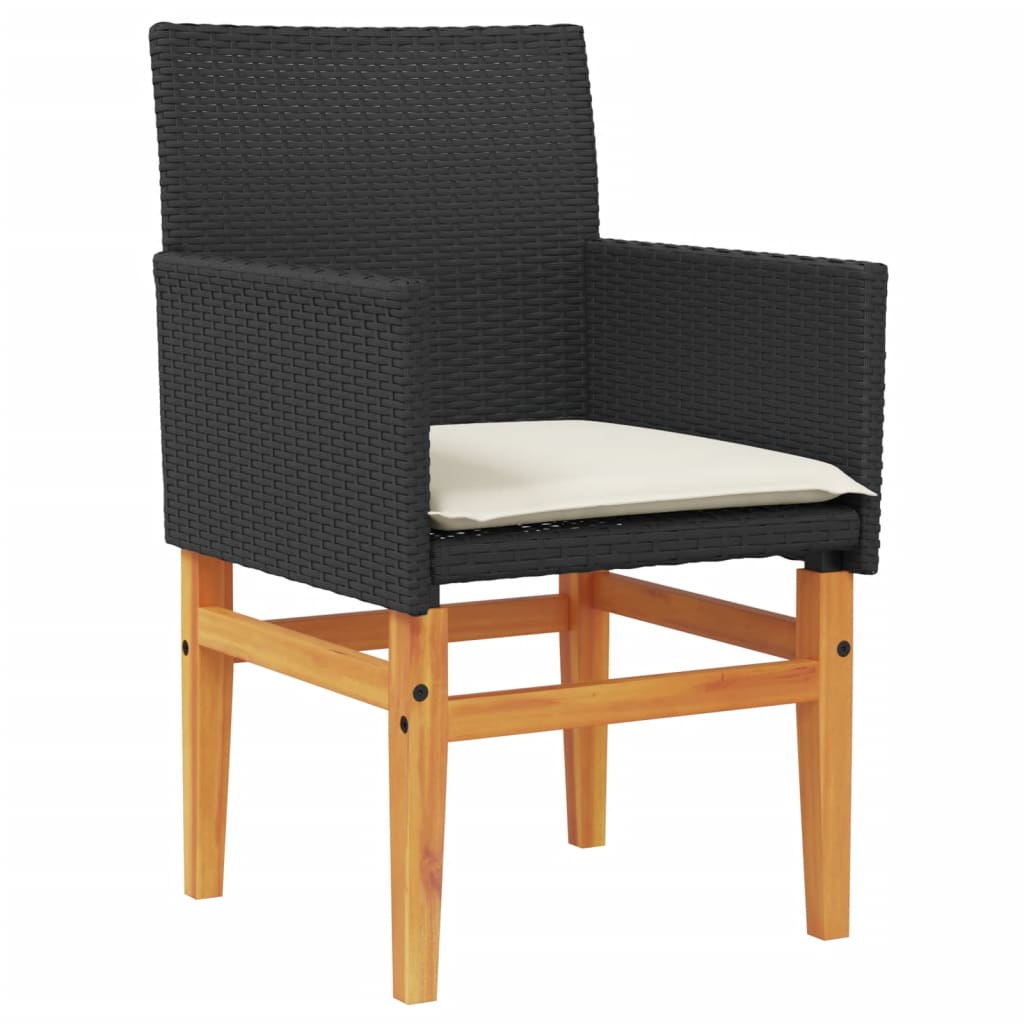 Black Poly Rattan & Wood Garden Chairs with Cushions - Set of 2