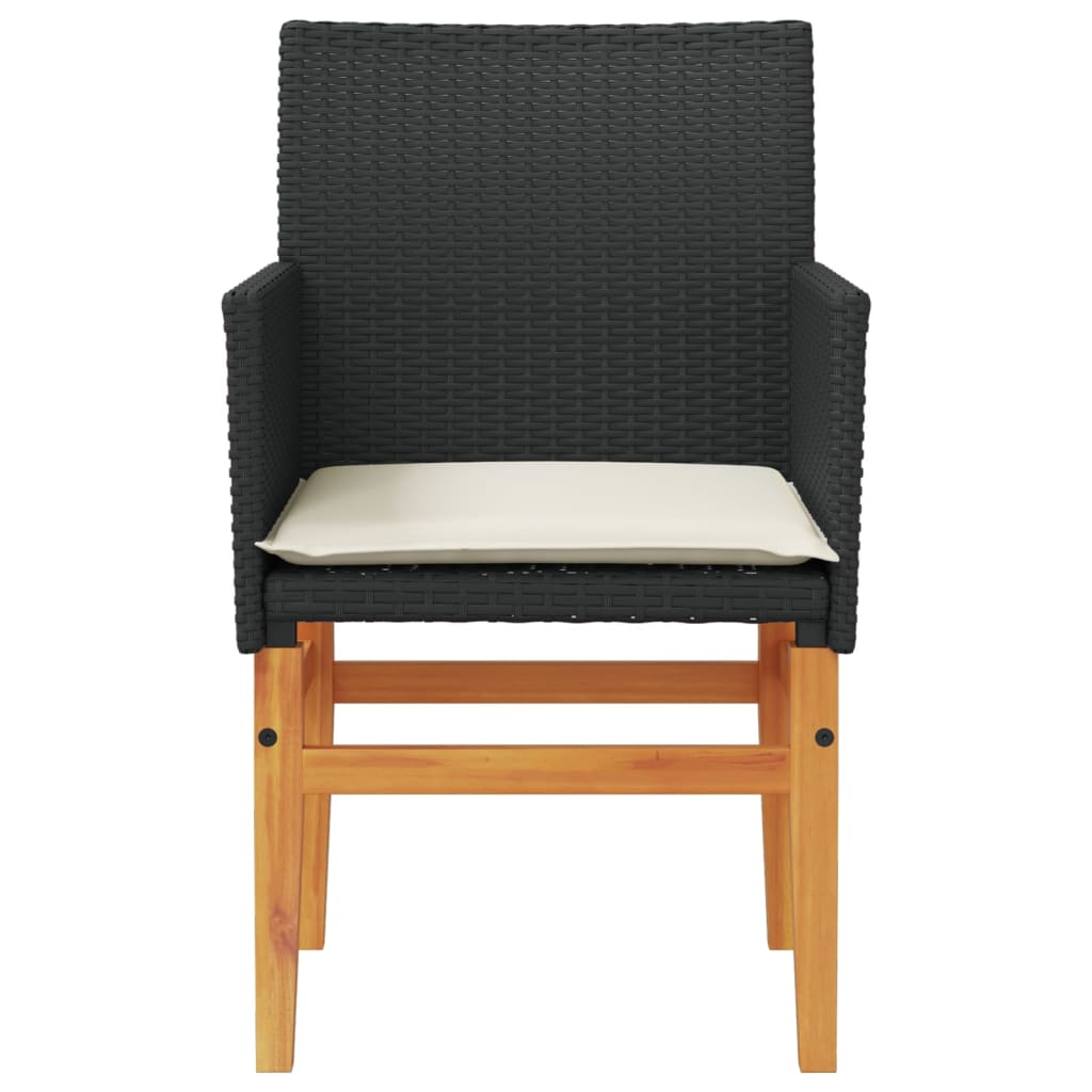 Black Poly Rattan & Wood Garden Chairs with Cushions - Set of 2