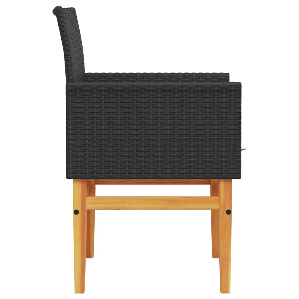 Black Poly Rattan & Wood Garden Chairs with Cushions - Set of 2