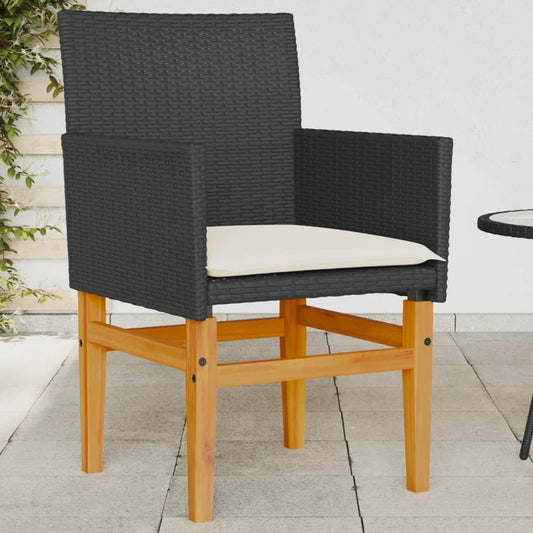 Black Poly Rattan & Wood Garden Chairs with Cushions - Set of 2