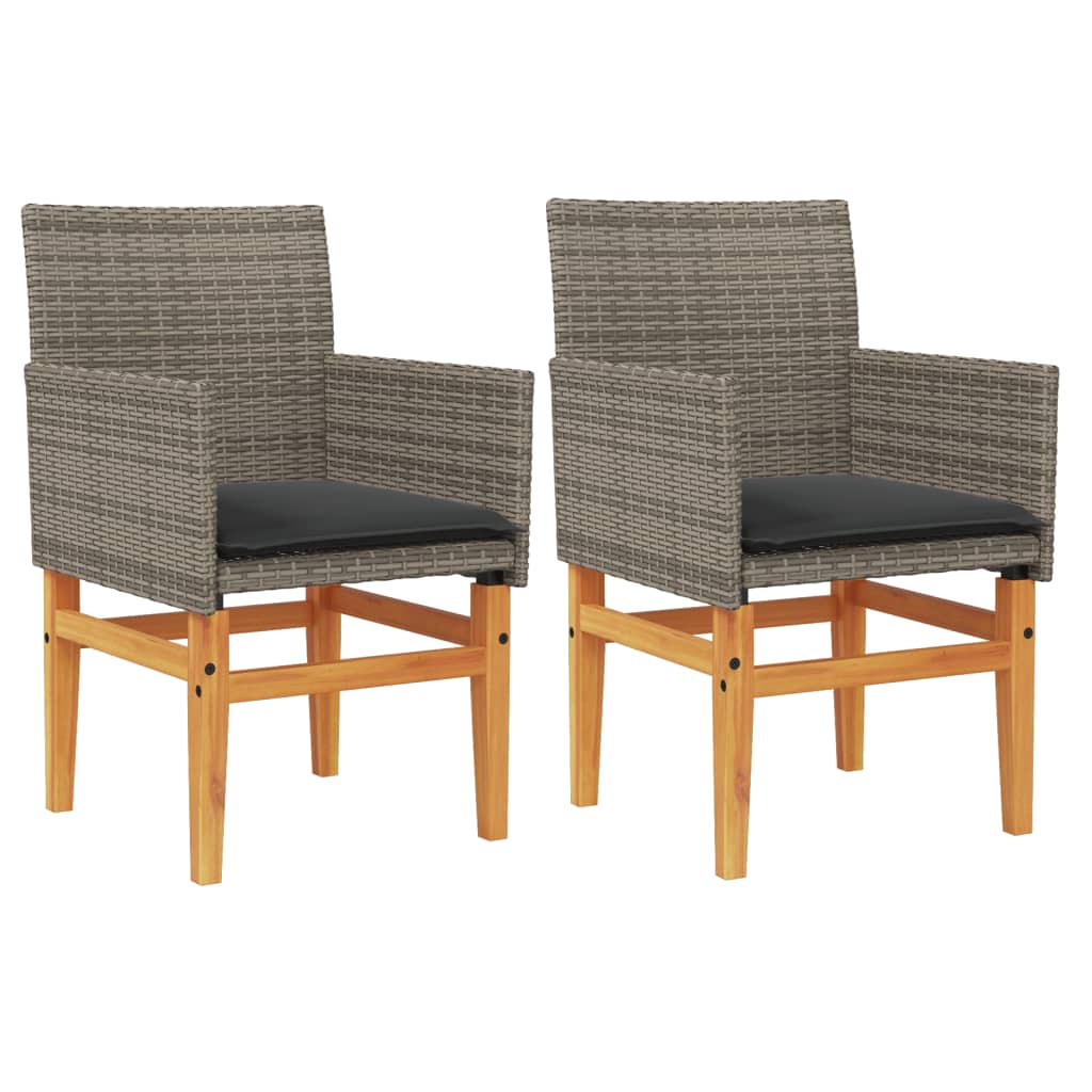 Stylish Grey Poly Rattan & Wood Garden Chairs with Cushions, 2 Pcs