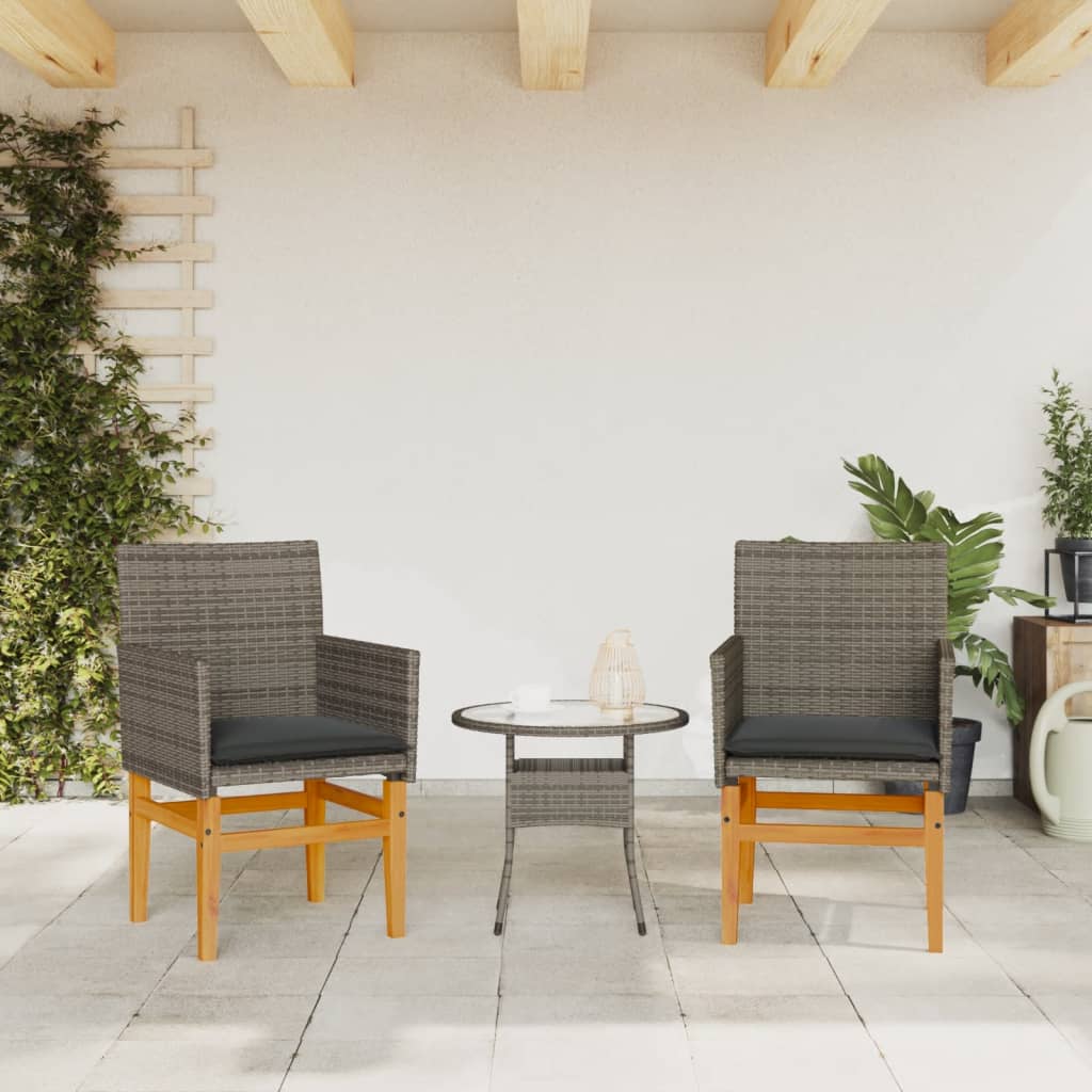 Stylish Grey Poly Rattan & Wood Garden Chairs with Cushions, 2 Pcs