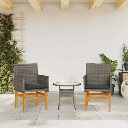 Stylish Grey Poly Rattan & Wood Garden Chairs with Cushions, 2 Pcs