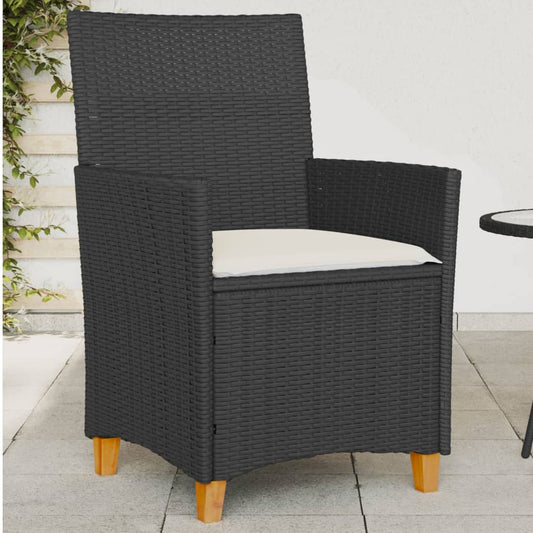 Black Poly Rattan & Wood Garden Chairs with Cushions, 2-Piece Set