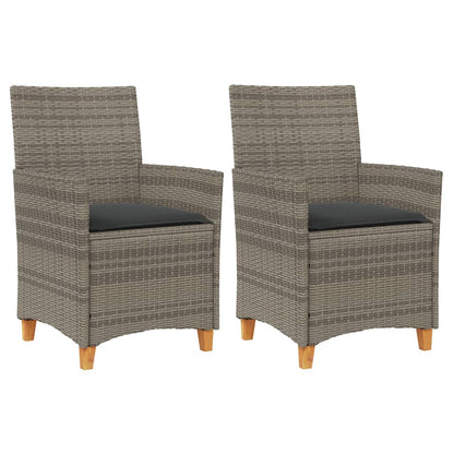 Grey Poly Rattan & Wood Garden Chairs with Cushions - 2pcs Set
