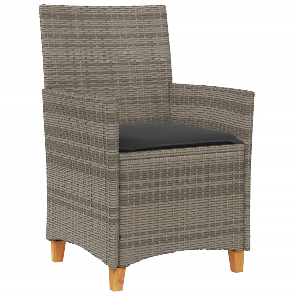 Grey Poly Rattan & Wood Garden Chairs with Cushions - 2pcs Set