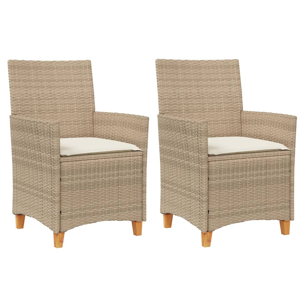 Beige Poly Rattan & Wood Garden Chairs with Cushions, Set of 2