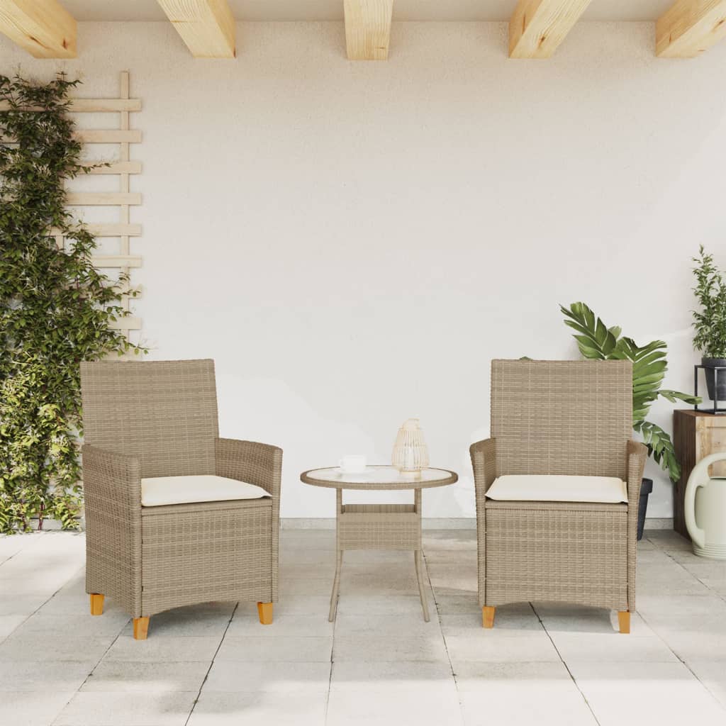 Beige Poly Rattan & Wood Garden Chairs with Cushions, Set of 2