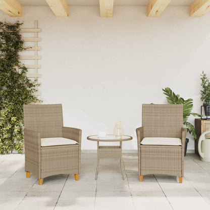 Beige Poly Rattan & Wood Garden Chairs with Cushions, Set of 2