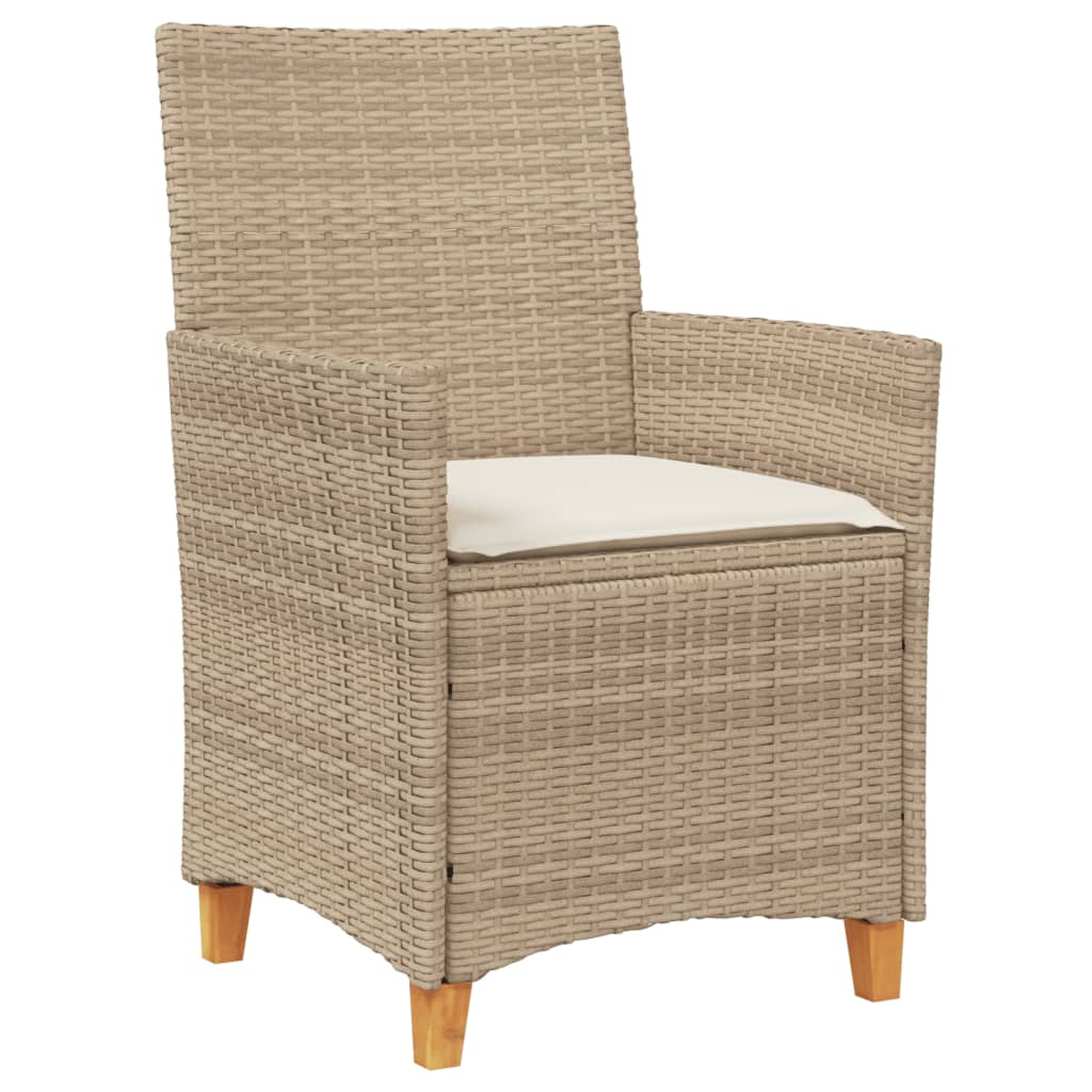 Beige Poly Rattan & Wood Garden Chairs with Cushions, Set of 2