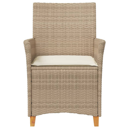 Beige Poly Rattan & Wood Garden Chairs with Cushions, Set of 2