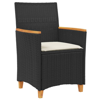 Black Poly Rattan & Wood Garden Chairs with Cushions - Set of 2