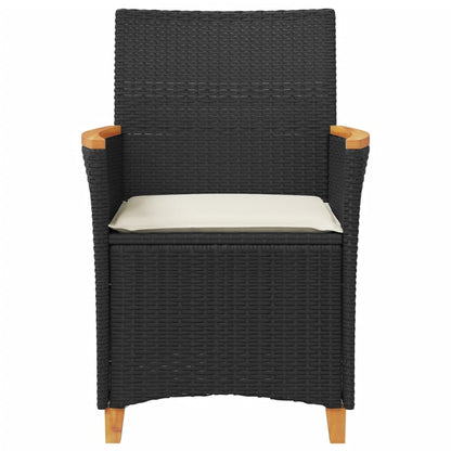 Black Poly Rattan & Wood Garden Chairs with Cushions - Set of 2