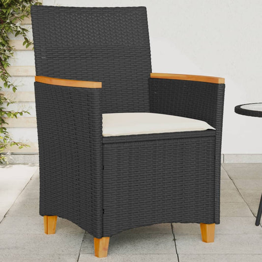 Black Poly Rattan & Wood Garden Chairs with Cushions - Set of 2