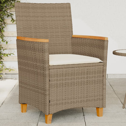 Beige Poly Rattan & Wood Garden Chairs with Cushions, Set of 2
