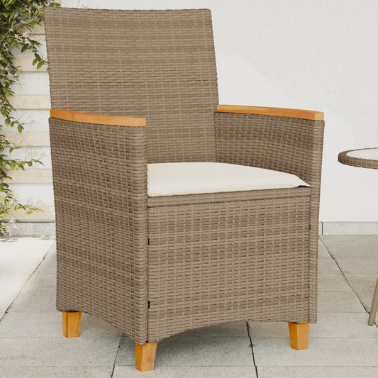 Beige Poly Rattan & Wood Garden Chairs with Cushions, Set of 2